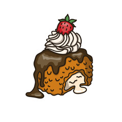 Fried ice cream topped with strawberry, whipped cream and chocolate sauce