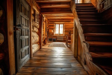 A cozy Rustic interior design style wooden interior of a log cabin featuring a staircase, wooden flooring, and warm lighting. The space is inviting with rustic decor.