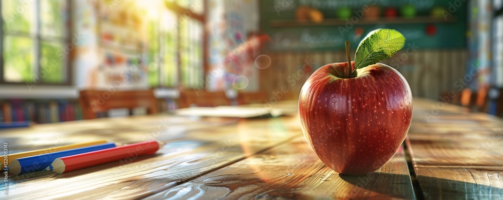 Poster Red apple with a green leaf sits on a desk in an empty classroom with the sun shining through the window