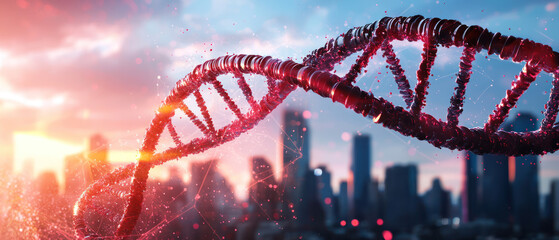 Obraz premium A Digital overlay of DNA strands over cityscape symbolizes science, technology, and societal progress through research