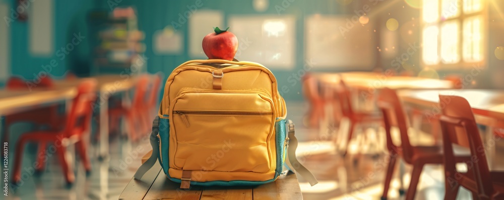Poster sunny classroom with an empty desk features a yellow backpack topped with an apple