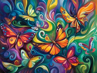 Fototapeta premium A dreamlike scene with swirling colorful butterflies creates an enchanting atmosphere. Their vibrant wings bring life and movement, symbolizing transformation and beauty.
