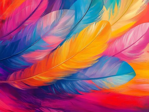 The image features brightly colored feathers interweaving in a harmonious dance of color, creating a visually captivating and vibrant arrangement that suggests freedom and creativity.