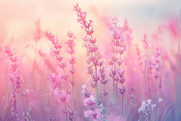 Obraz premium Soft pastel-colored wildflowers gently swaying in a serene field at sunset, creating a dreamy atmosphere