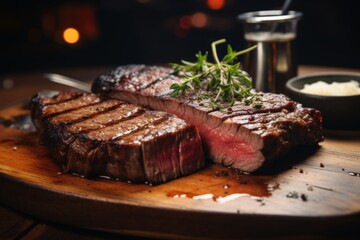 Close up of a medium rare steak in restaurant