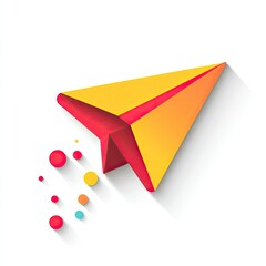 Colorful paper airplane design, flying, shadow, dots.