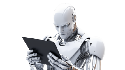 Futuristic Robot Examining Digital Tablet AI Technology Concept Advanced Robotics Artificial Intelligence Modern Technology