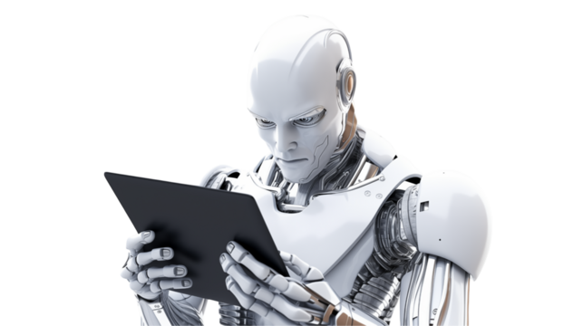 Futuristic Robot Examining Digital Tablet AI Technology Concept Advanced Robotics Artificial Intelligence Modern Technology