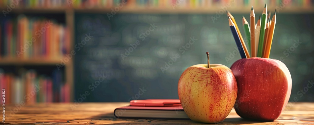 Poster Back to school: two red apples and a notebook on a desk with a blackboard and shelves of books in the background