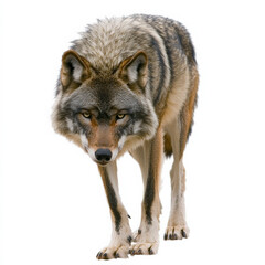 Obraz premium Gray wolf standing, intense gaze, isolated.