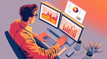 Obraz premium Close-up of person working with multiple screens displaying financial data