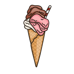 Gelato ice cream in waffle cone with wafer roll