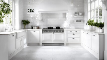 Bright white kitchen, range cooker, sunlight, plants. Home design, interior design