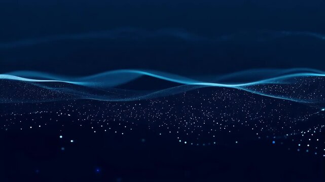 Endless animation of flowing deep blue waves adorned with glowing light dots creating a serene and futuristic vertical backdrop