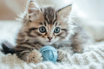 Adorable fluffy kitten playing with a blue yarn ball on a cozy knitted blanket indoors