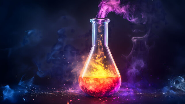 Colorful Laboratory Flask Filled With Swirling Smoke and Vibrant Liquid in a Dark Background. Generative AI - Powered by Adobe