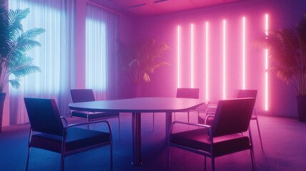 Fototapeta premium Modern conference room with neon lights and plants, set for a meeting in a vibrant atmosphere