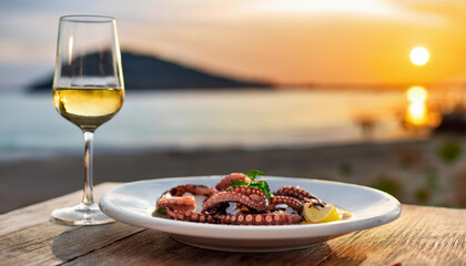 A plate of grilled octopus served with lemon and herbs is accompanied by a glass of white wine against a stunning coastal sunset backdrop.