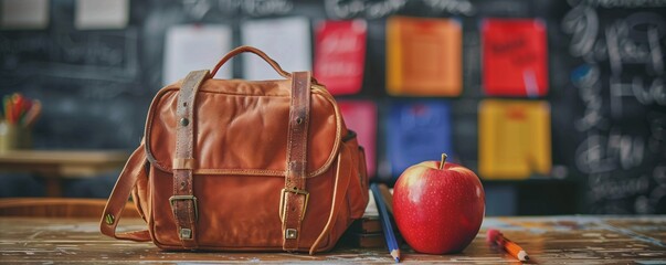 Leather backpack is sitting on a desk with an apple and pencils in a classroom