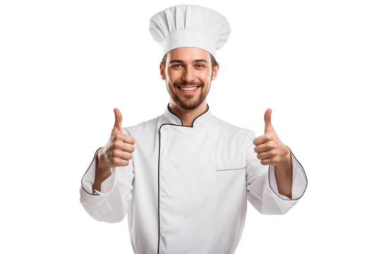Portrait of a smiling chef showing thumbs up and ok sign, isolated on transparent background
