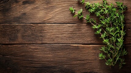 Fresh thyme sprigs on rustic wood, copy space, food blog