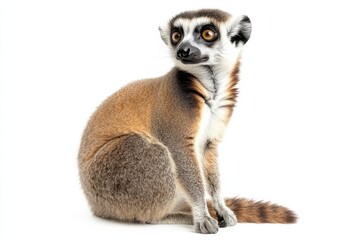 Obraz premium Ring-tailed lemur sitting on white background.
