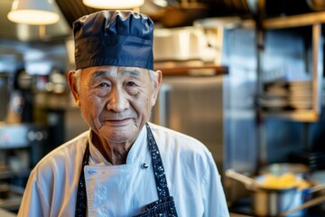 Portrait of a senior male Asian chef in kitchen