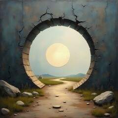Innovative Artistic Representation Of A Bright Circle Framed By A Cracked Wall Landscape
