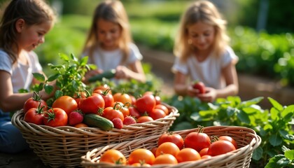 Three young girls harvest fresh tomatoes strawberries, cucumbers from garden in summer. Fill up baskets with ripe fruits, vegetables. Scene full of healthy food, nature. Family time, fresh healthy