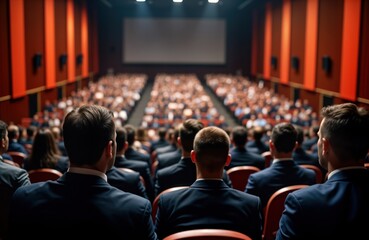 Large audience listens to presentation speaker at business convention conference hall. Attendees professionals dressed in formal business attire. Photo captures moment of learning, networking.