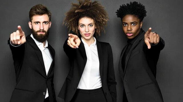 Confident trio in formal attire pointing directly at the viewer against a dark backdrop