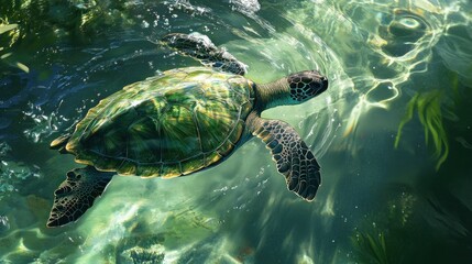 Green sea turtle swims gracefully through clear ocean water with sunlight patterns