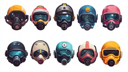 Professional Collection of Colorful Helmets with Attached Goggles and Respirators for Safety Equipment Display