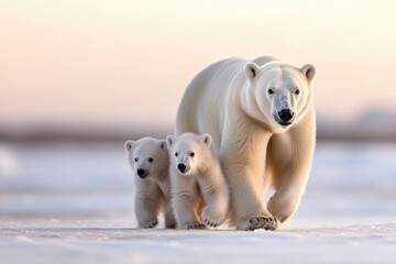 Fototapeta premium White polar bears: Arctic mammal, snowy adaptation, icy predator, majestic creature, tundra survival, marine wanderer, northern species, climate threat, endangered wildlife, glacial predator.