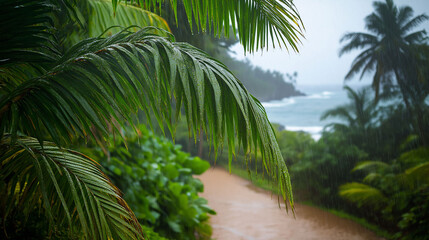 Obraz premium Constant rain in a tropical climate, a path full of vegetation, a beach in the background