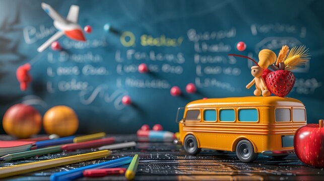 Small school bus and figurine with apple and strawberry on desk with school supplies and chalkboard in background