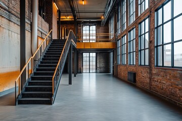 Obraz premium A spacious Industrial interior design style featuring a staircase, large windows, and exposed brick walls. The design combines modern elements with a rustic feel.