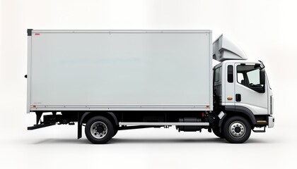 White delivery truck on plain background. Commercial vehicle ready for transportation. Blank space available for advertisement. Modern truck design. Heavy-duty transportation. Fast delivery services.
