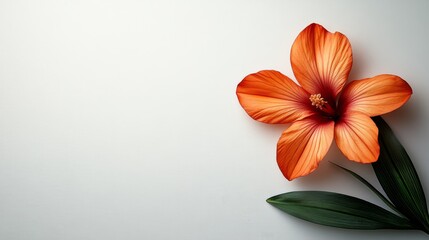 Obraz premium Orange Hibiscus Flower with Green Leaves on White Background