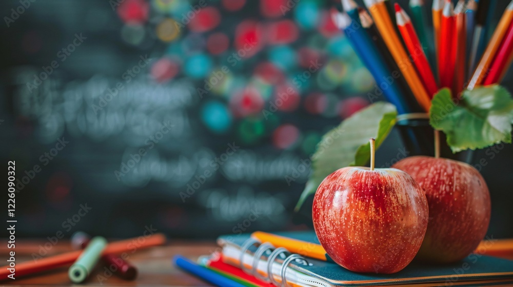Poster pair of red apples sit atop notebooks, surrounded by colorful pencils and a blurry chalkboard in the