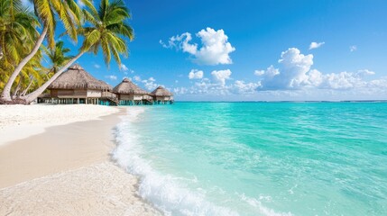 Naklejka premium Tropical beach bungalows, turquoise ocean, palm trees, vacation