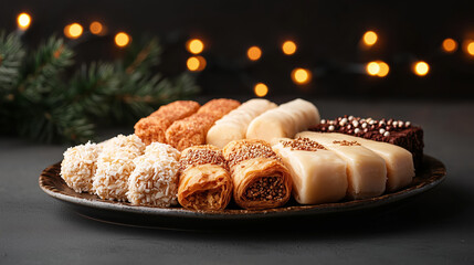 A luxurious platter of traditional Ramadan sweets, including baklava, kunafa, and qatayef, arranged beautifully with festive lights.
