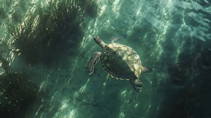 Fototapeta premium Majestic sea turtle swims peacefully in crystal clear ocean waters underwater view