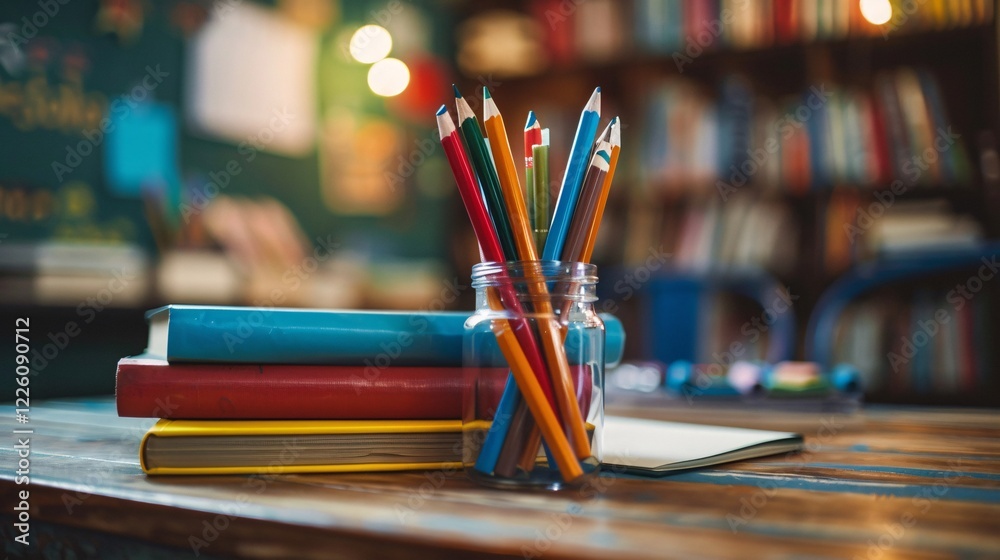 Aufkleber colorful pencils in a glass jar alongside a stack of books on a wooden table in a warm and inviting 