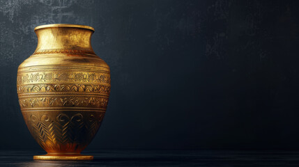 Golden decorative vase with intricate patterns on dark background, showcasing elegance and craftsmanship. Perfect for home decor or artistic displays
