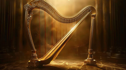 Obraz premium stunning golden harp illuminated by soft light, showcasing intricate details and elegant design, creating magical atmosphere