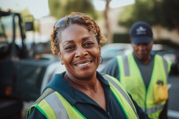 Naklejka premium Portrait of a smiling middle aged female sanitation worker