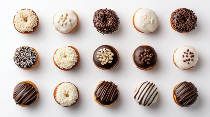A top-down view of assorted donuts with various toppings and glazes, beautifully arranged on a white background.