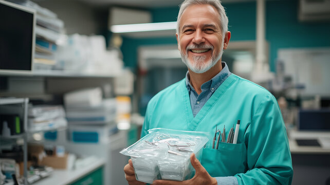 Dentist with Tools. A cheerful, gray-haired dentist holds a clear plastic container with dental tools in a clinic setting. He's looking at the viewer with a bright smile.