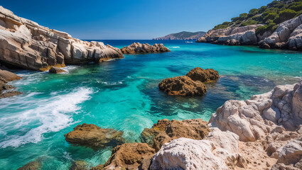 stunning panorama picturesque Sa Calobra beach in the rocks Spain, sunny summer day